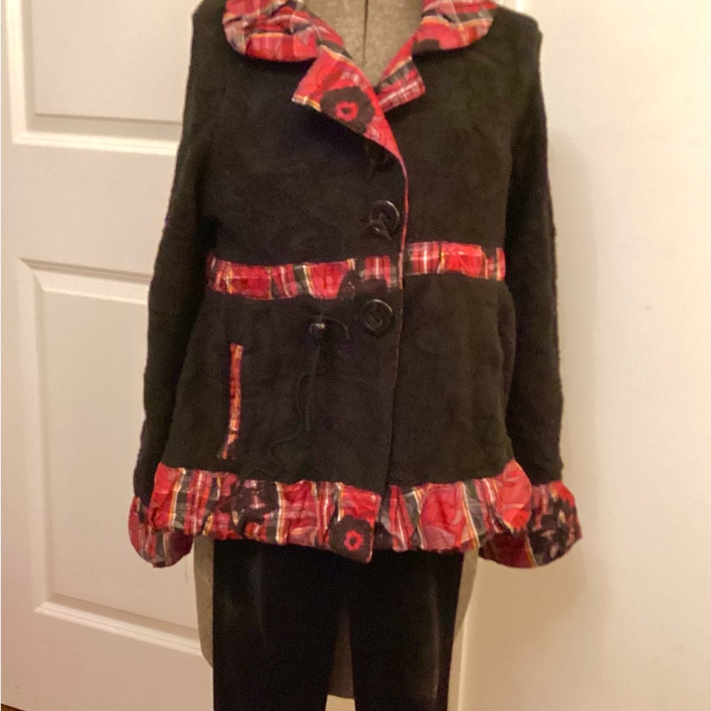 Red and Black Teddy Jacket with Patterned Trim